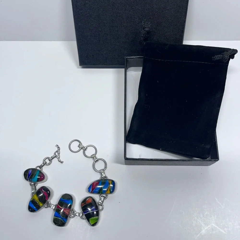 Handmade Sterling Silver Dichroic Glass Bracelet Artisan Multi-Color 7.5–8” - Picture 1 of 4